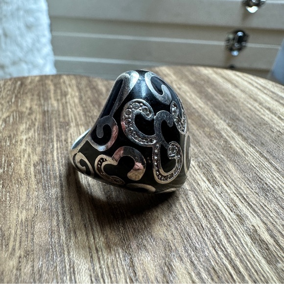 Sterling Silver 925 Black Enamel and Rhinestone Ring - Picture 14 of 14